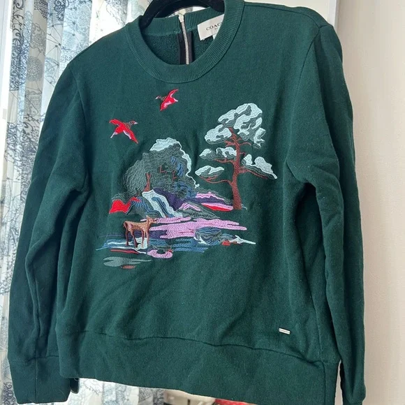 Coach Embroidered Green Crewneck Sweater with Zipper Pull - Picture 1 of 15